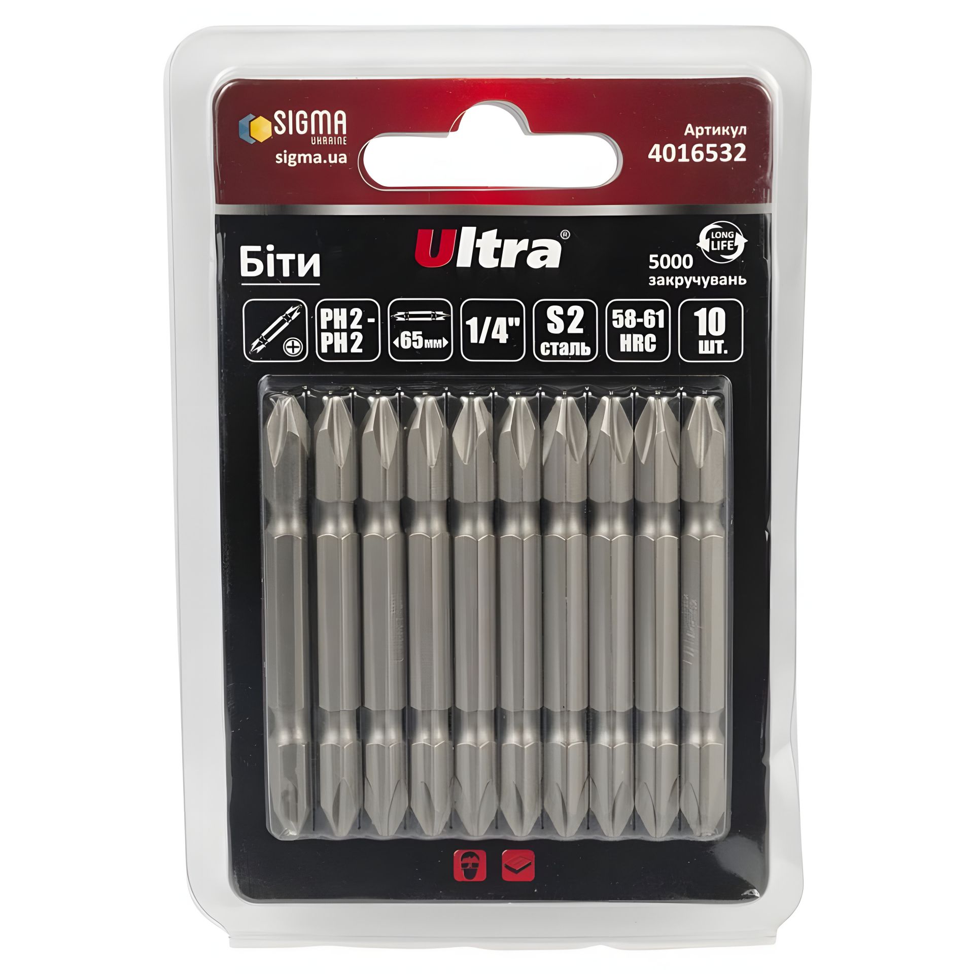 Біти PH2-PH2×65мм ¼" 10шт S2 (блістер) ULTRA 4016532 Біти PH2-PH2×65мм ¼" 10шт S2 (блістер) ULTRA 4016532