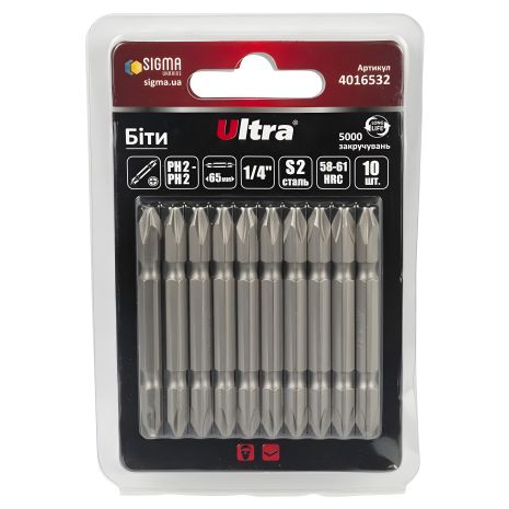 Биты PH2-PH2×65мм ¼" 10шт S2 (блистер) ULTRA 4016532 Биты PH2-PH2×65мм ¼" 10шт S2 (блистер) ULTRA 4016532