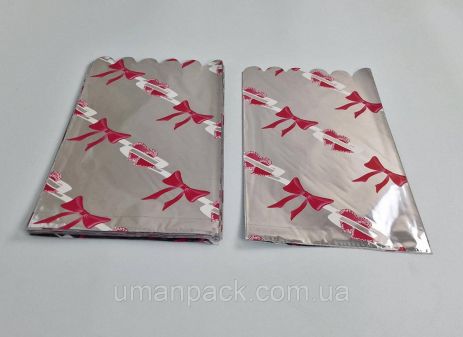 Пакет с рисунком для упаковки подарков (20*35) №421 (3) фольгированный (ажурный) "Красный Бант" (100 шт)