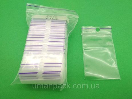 Пакеты струна с замком Zip-Lock (с отверстием) 4см x 6см(100шт) (1 пачка)