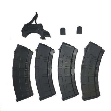 Комплект з чотирьох магазинів для АК74 чорних, два тромікси та лоадер для швидкої зарядки Комплект з чотирьох магазинів для АК74 чорних, два тромікси та лоадер для швидкої зарядки