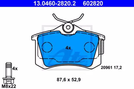 Комплект тормозных колодок SKODA FABIA, SEAT ARONA, PEUGEOT PARTNER, ATE (13046028202)