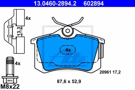 Комплект тормозных колодок SKODA ROOMSTER, AUDI A2, VW POLO, ATE (13046028942)