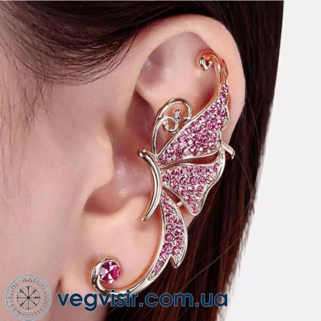 Элегантный кафф клипс на ухо Бабочка розовые кристаллы Earcuff Клип каф серьги