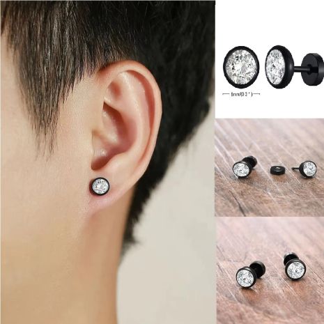 Чоловічі сережки з цирконом круглі чорні сережки гвоздики сережки з білим кристалом