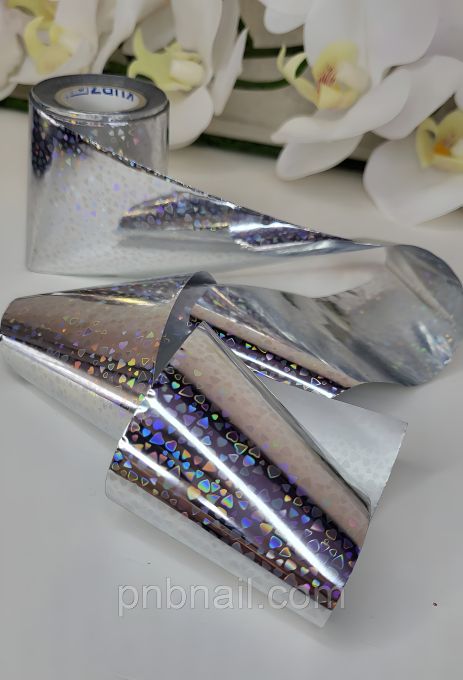 Срібна фольга для дизайну нігтів з сердечками, 1 м Срібна фольга для дизайну нігтів з сердечками, 1 м