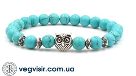Стильний браслет із шунгіту з підвіскою Сова OWL блакитного кольору оберіг вулканічного каменю