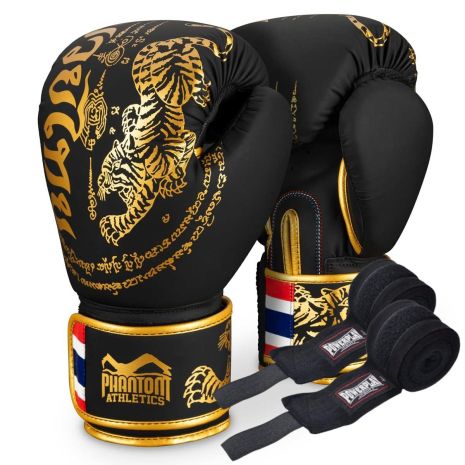 Боксерские перчатки Фантом Muay Thai Black Gold 14 унций (Бинты 4м. в подарок)