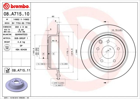 Диск гальмівний NISSAN задній BREMBO (08.A715.10) Диск гальмівний NISSAN задній BREMBO (08.A715.10)