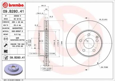 Диск гальмівний MERCEDES-BENZ C-CLASS, MERCEDES-BENZ SLK, BREMBO (09B28041)