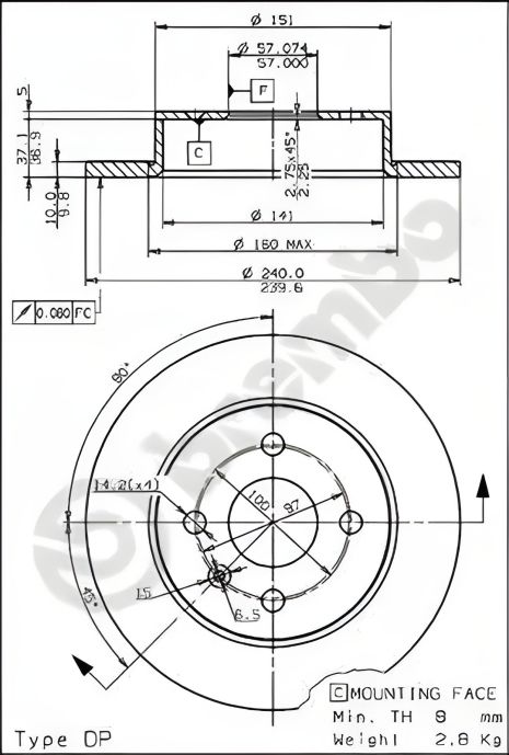 Гальмівний диск CHEVROLET ASTRA, OPEL ASTRA, OPEL MERIVA, BREMBO (08762675)