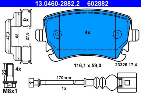 Комплект гальмівних колодок VW TRANSPORTER, VW MULTIVAN, ATE (13046028822)