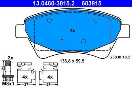 Комплект тормозных колодок RENAULT MEGANE, RENAULT GRAND SCÉNIC, RENAULT SCÉNIC, ATE (13046038152)