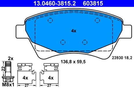 Комплект тормозных колодок RENAULT MEGANE, RENAULT GRAND SCÉNIC, RENAULT SCÉNIC, ATE (13046038152)