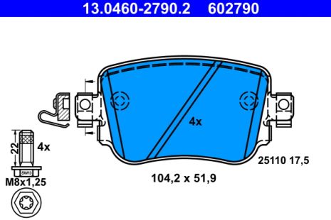 Комплект гальмівних колодок SKODA OCTAVIA, SEAT ALHAMBRA, VW POLO, ATE (13046027902)