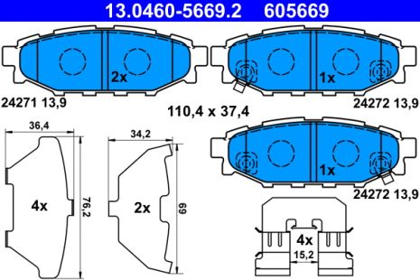 Комплект тормозных колодок SUBARU IMPREZA, SUBARU FORESTER, SUBARU BRZ, ATE (13046056692)