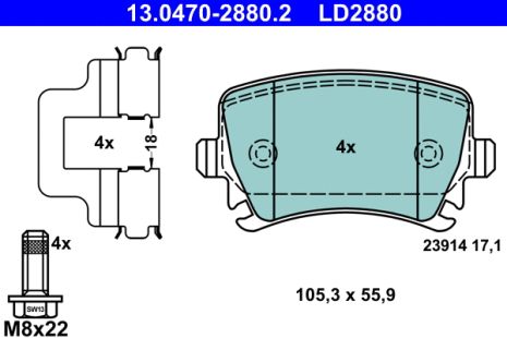 Комплект тормозных колодок SKODA SUPERB, SEAT LEON, VW GOLF, ATE (13047028802)