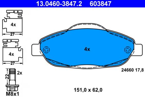 Комплект гальмівних колодок PEUGEOT 3008, PEUGEOT 308, ATE (13046038472)