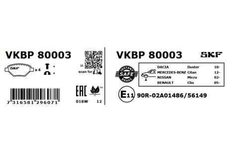 Комплект гальмівних колодок LADA LARGUS, DACIA DUSTER, RENAULT CLIO, SKF (VKBP80003)