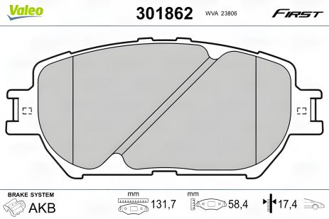 Гальмівні колодки TOYOTA WISH, TOYOTA SOLARA, TOYOTA CAMRY, VALEO (301862)