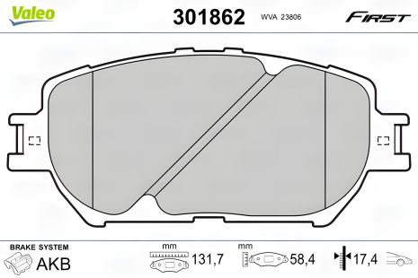 Тормозные колодки TOYOTA WISH, TOYOTA SOLARA, TOYOTA CAMRY, VALEO (301862)