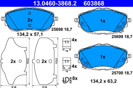Комплект гальмівних колодок TOYOTA COROLLA, TOYOTA AURIS, ATE (13046038682)