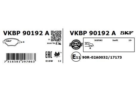 Комплект гальмівних колодок SUZUKI SX4, SUZUKI VITARA, SUZUKI SWIFT, SKF (VKBP90192A)