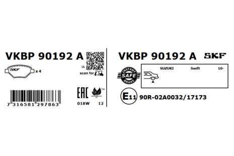 Комплект гальмівних колодок SUZUKI SX4, SUZUKI VITARA, SUZUKI SWIFT, SKF (VKBP90192A)