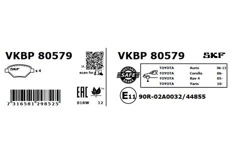 Комплект тормозных колодок LEXUS HS, SUBARU TREZIA, TOYOTA ALLION, SKF (VKBP80579)