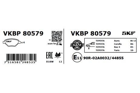 Комплект тормозных колодок LEXUS HS, SUBARU TREZIA, TOYOTA ALLION, SKF (VKBP80579)