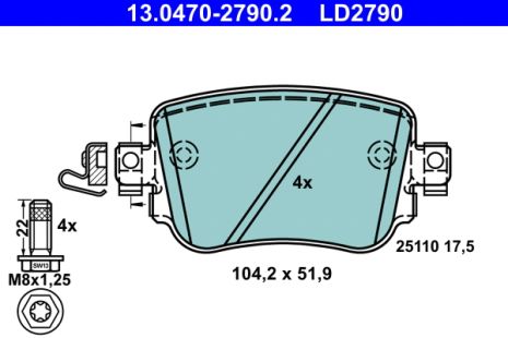 Комплект гальмівних колодок SKODA OCTAVIA, SEAT ALHAMBRA, VW POLO, ATE (13047027902)