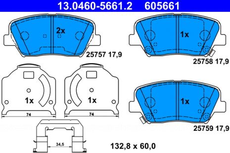 Комплект гальмівних колодок KIA K9, HYUNDAI GRANDEUR, HYUNDAI GENESIS, ATE (13046056612)