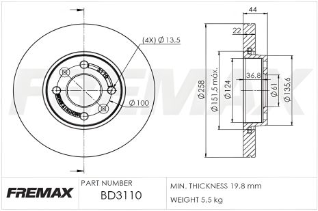 Гальмівний диск для NISSAN MICRA, MERCEDES-BENZ CITAN, DACIA DOKKER - FREMAX (BD3110)
