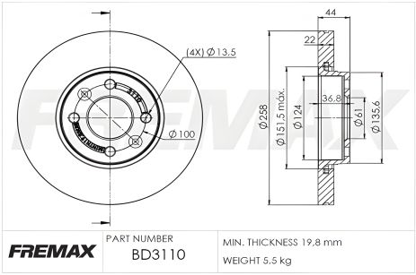 Гальмівний диск для NISSAN MICRA, MERCEDES-BENZ CITAN, DACIA DOKKER - FREMAX (BD3110) Гальмівний диск для NISSAN MICRA, MERCEDES-BENZ CITAN, DACIA DOKKER - FREMAX (BD3110)