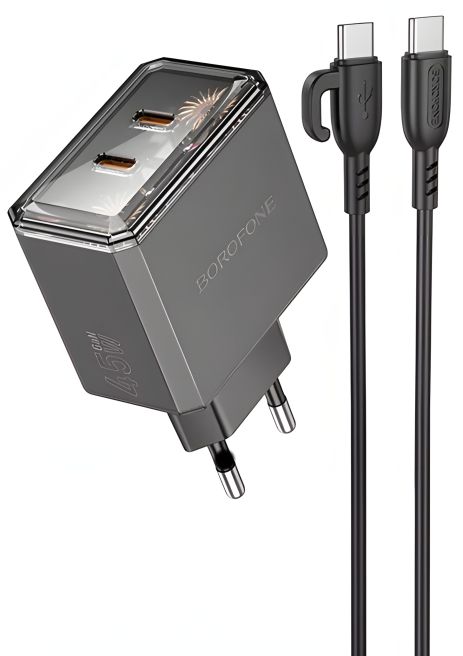 Сетевое Зарядное Устройство Borofone BAS33A 2USB-C PD/QC45W Type-C to Type-C Черный Сетевое Зарядное Устройство Borofone BAS33A 2USB-C PD/QC45W Type-C to Type-C Черный