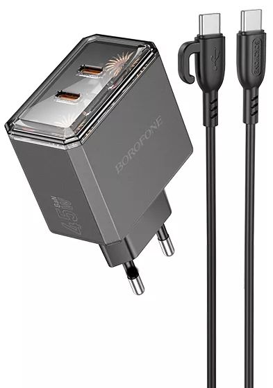 Мережевий зарядний пристрій Borofone BAS33A 2USB-C PD/QC45W Type-C to Type-C Чорний Мережевий зарядний пристрій Borofone BAS33A 2USB-C PD/QC45W Type-C to Type-C Чорний