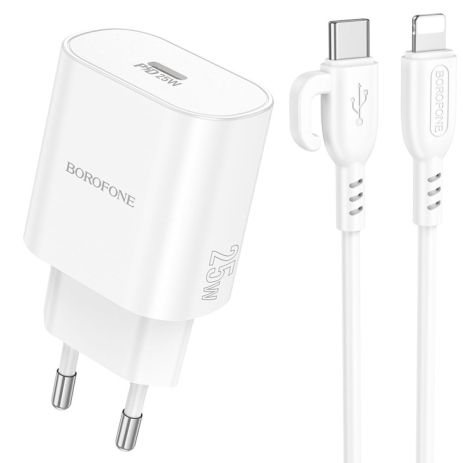 Мережевий зарядний пристрій Borofone BA82A 1USB-C PD/QC 25W+Type-C to Lightning Білий