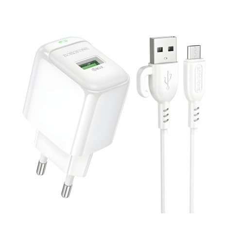 Мережевий зарядний пристрій Borofone BAS42A 1USB QC3.0 18W+USB to Micro Білий
