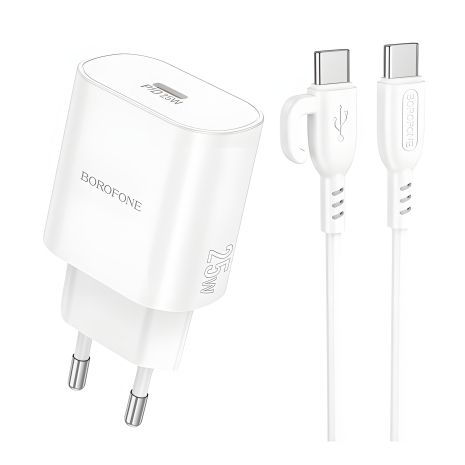 Мережевий зарядний пристрій Borofone BA82A 1USB-C PD/QC 25W+Type-C to Type-C білого кольору Мережевий зарядний пристрій Borofone BA82A 1USB-C PD/QC 25W+Type-C to Type-C білого кольору