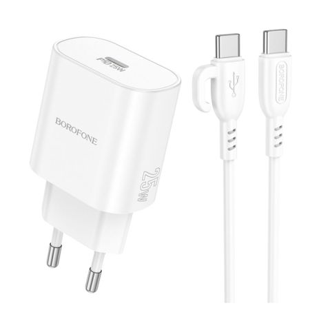 Мережевий зарядний пристрій Borofone BA82A 1USB-C PD/QC 25W+Type-C to Type-C Білий Мережевий зарядний пристрій Borofone BA82A 1USB-C PD/QC 25W+Type-C to Type-C Білий