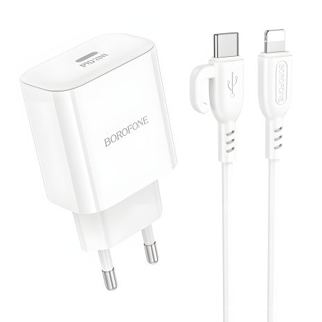 Мережевий зарядний пристрій Borofone BA81A 1USB-C PD/QC 20W + кабель Type-C to Lightning, Білий