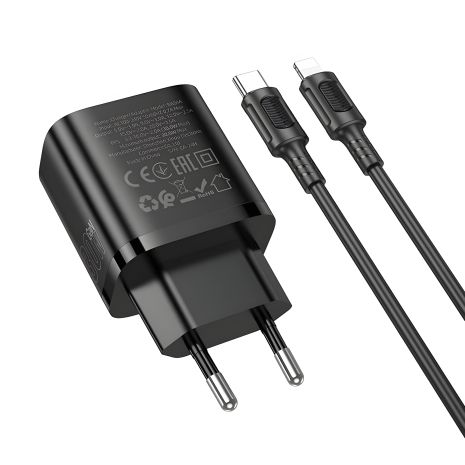 Мережевий зарядний пристрій Borofone BA84A 1USB-C PD/QC 30W+Type-C to Lightning Чорний Мережевий зарядний пристрій Borofone BA84A 1USB-C PD/QC 30W+Type-C to Lightning Чорний