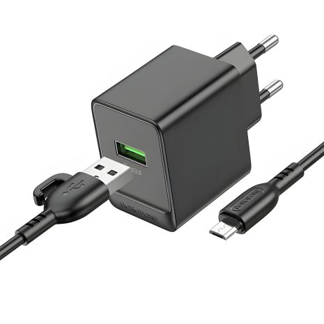 Мережевий зарядний пристрій Borofone BAS12A 1USB QC3.0 18W+USB to Micro Чорний Мережевий зарядний пристрій Borofone BAS12A 1USB QC3.0 18W+USB to Micro Чорний