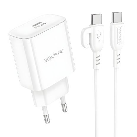 Мережевий зарядний пристрій Borofone BA81A 1USB-C PD/QC 20W + кабель Type-C to Type-C, Білий