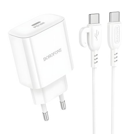 Мережевий зарядний пристрій Borofone BA81A 1USB-C PD/QC 20W + кабель Type-C to Type-C, Білий