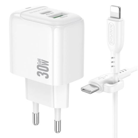 Мережевий зарядний пристрій Borofone BAS45A 1USB-C/1USB PD/QC 30W+Type-C to Lightning Білий