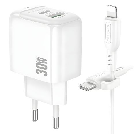 Білий зарядний пристрій Borofone BAS45A 1USB-C/1USB PD/QC 30W+Type-C to Lightning Білий зарядний пристрій Borofone BAS45A 1USB-C/1USB PD/QC 30W+Type-C to Lightning