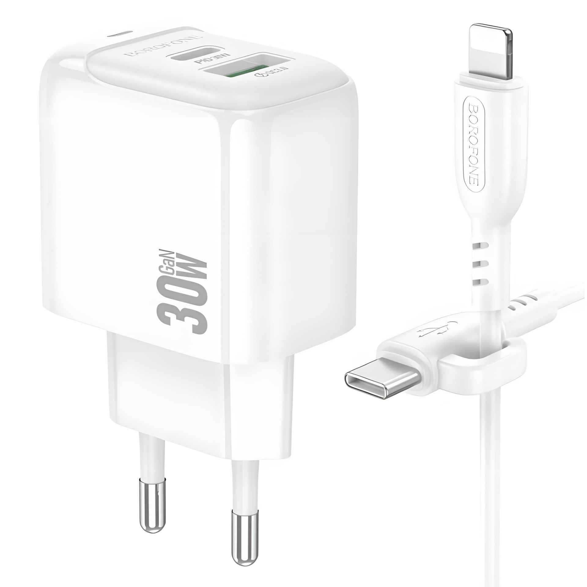 Білий зарядний пристрій Borofone BAS45A 1USB-C/1USB PD/QC 30W+Type-C to Lightning Білий зарядний пристрій Borofone BAS45A 1USB-C/1USB PD/QC 30W+Type-C to Lightning