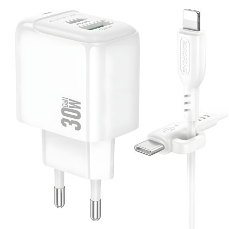 Сетевое Зарядное Устройство Borofone BAS45A 1USB-C/1USB PD/QC 30W+Type-C to Lightning Белый