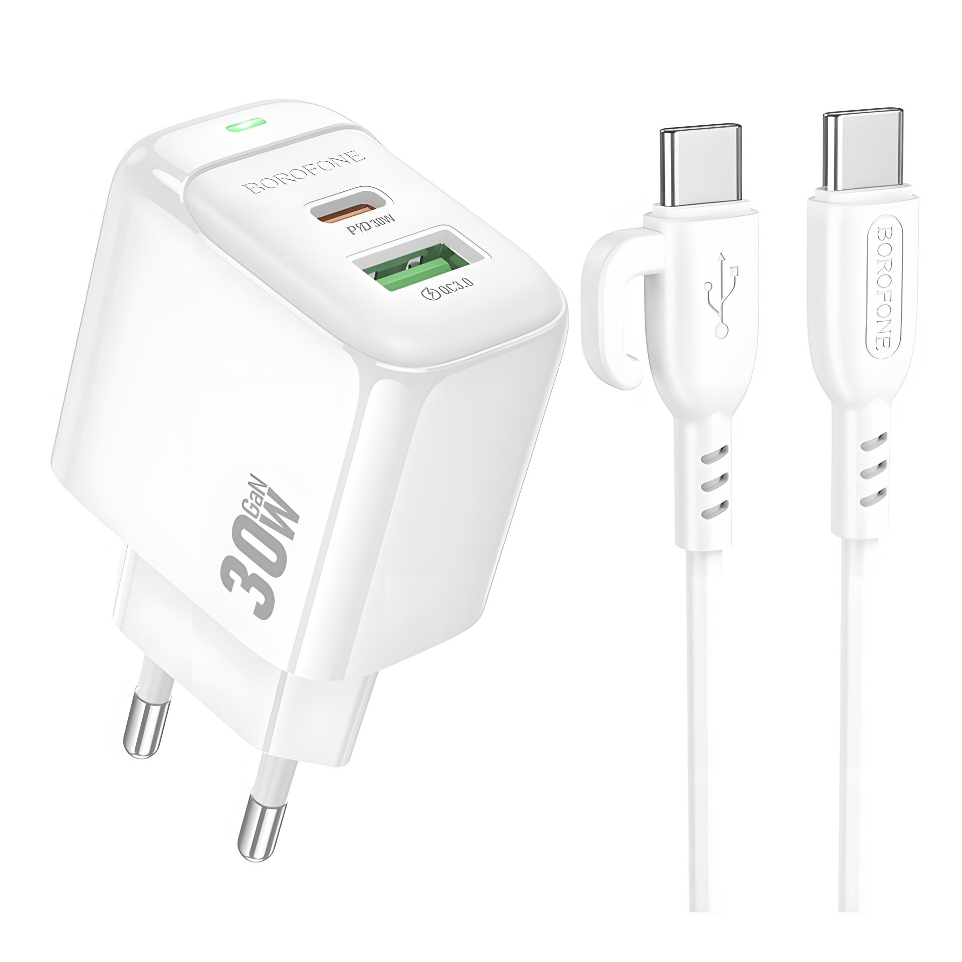 Зарядное Устройство Borofone BAS45A 1USB-C/1USB PD/QC 30W+Белый Type-C to Type-C Зарядное Устройство Borofone BAS45A 1USB-C/1USB PD/QC 30W+Белый Type-C to Type-C